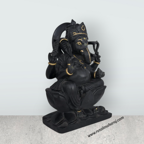 Ganesha Sitting On Kamal Base Murti - 12 x 8 Inches | Black Marble Vinayakar Idol / Ganapathi Sculpture For Home Decor - Retail Maharaj