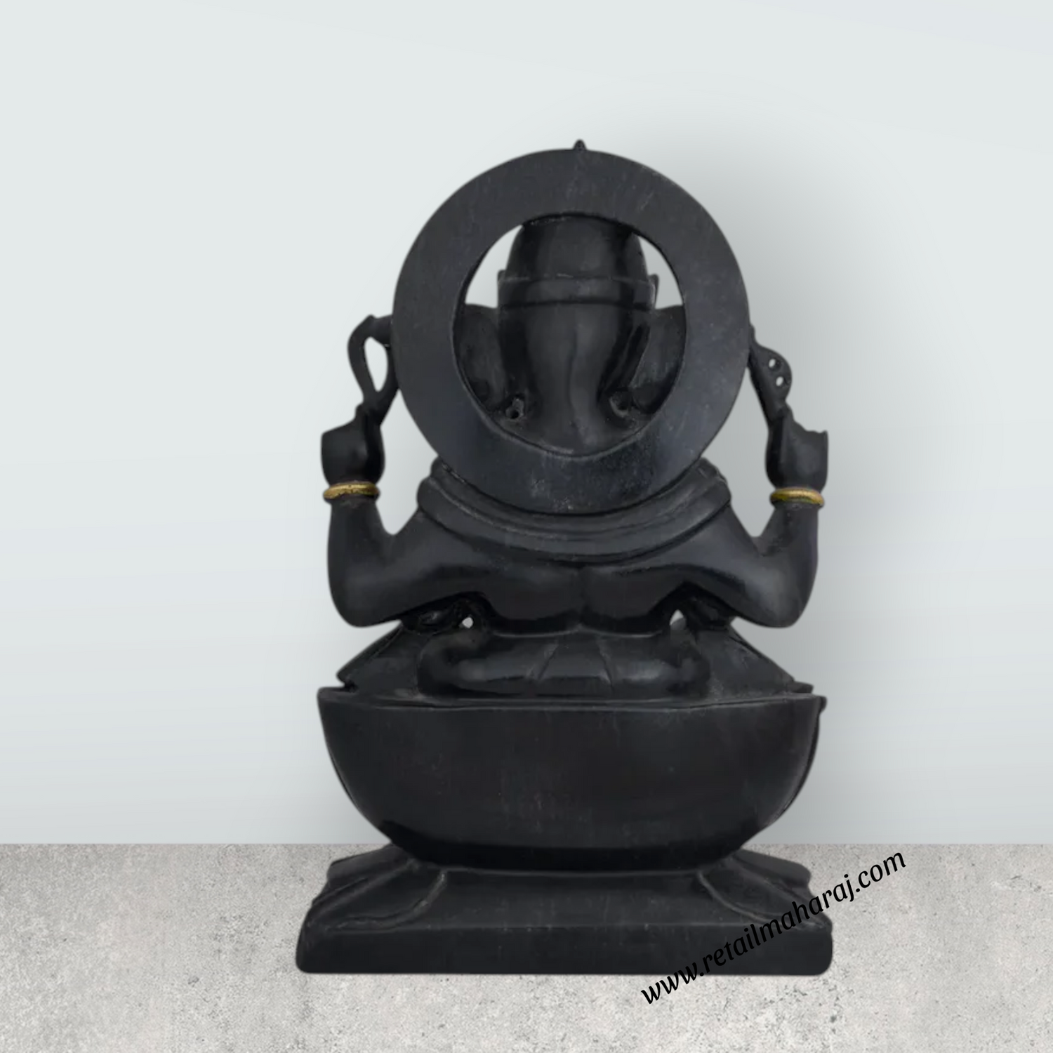 Ganesha Sitting On Kamal Base Murti - 12 x 8 Inches | Black Marble Vinayakar Idol / Ganapathi Sculpture For Home Decor - Retail Maharaj