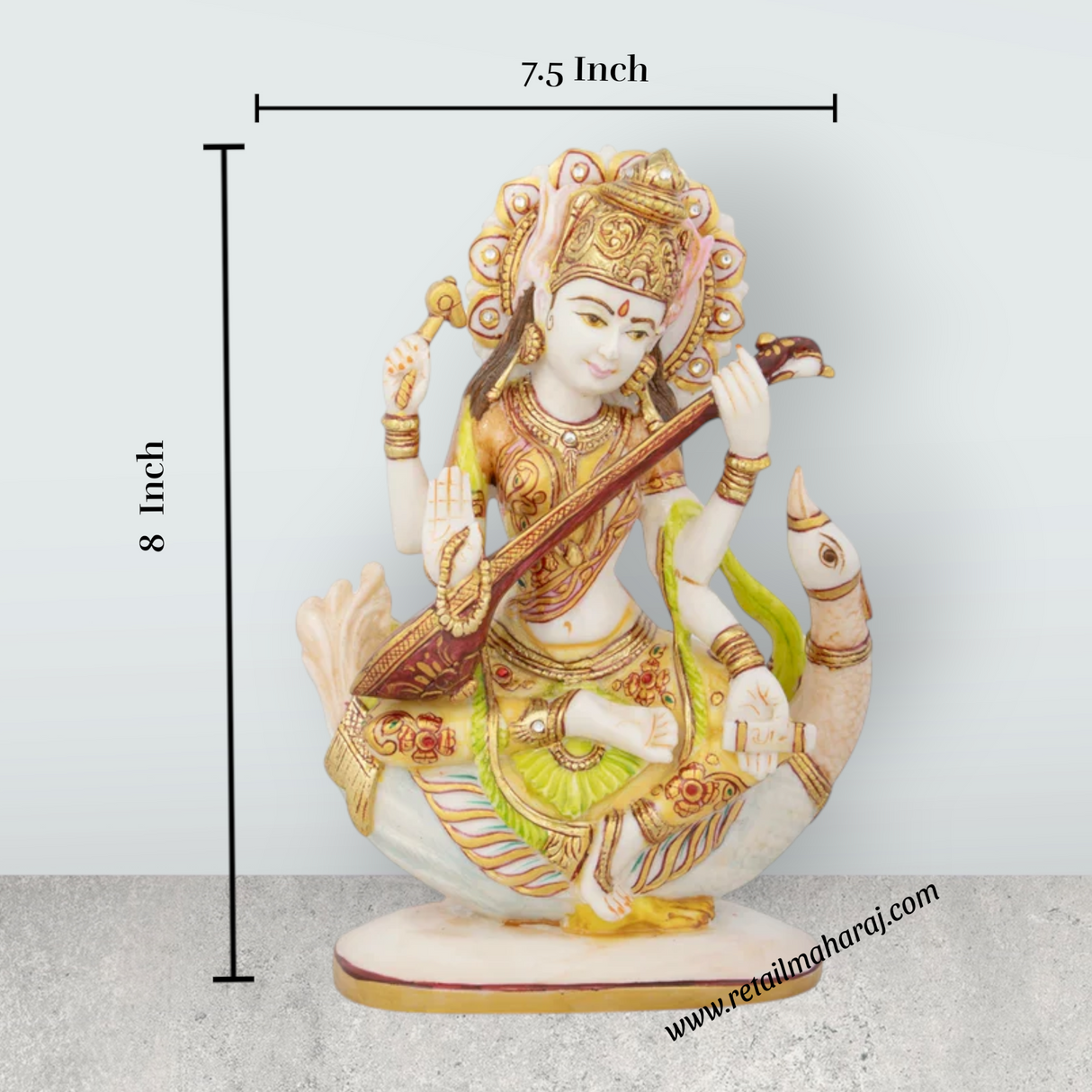 Saraswati Murti - 8 x 7.5 Inches | Saraswati Idol Sitting On Swan/ Resin Statue for Pooja - Retail Maharaj