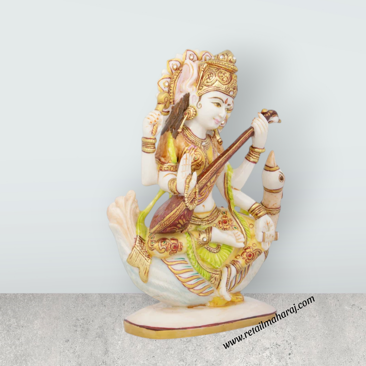 Saraswati Murti - 8 x 7.5 Inches | Saraswati Idol Sitting On Swan/ Resin Statue for Pooja - Retail Maharaj
