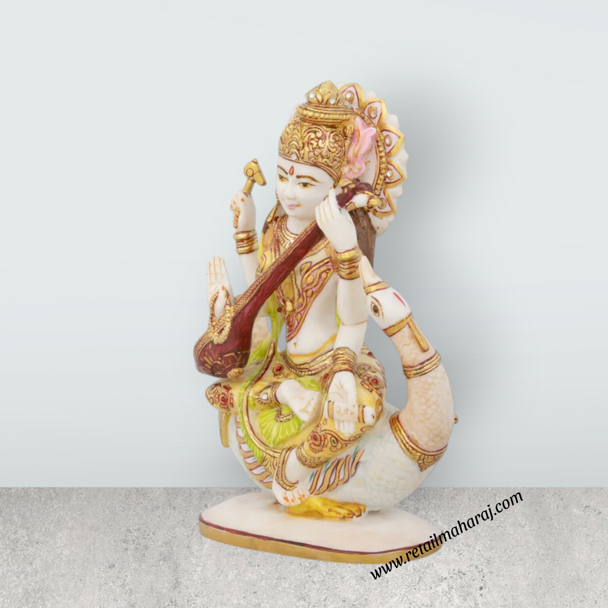 Saraswati Murti - 8 x 7.5 Inches | Saraswati Idol Sitting On Swan/ Resin Statue for Pooja - Retail Maharaj