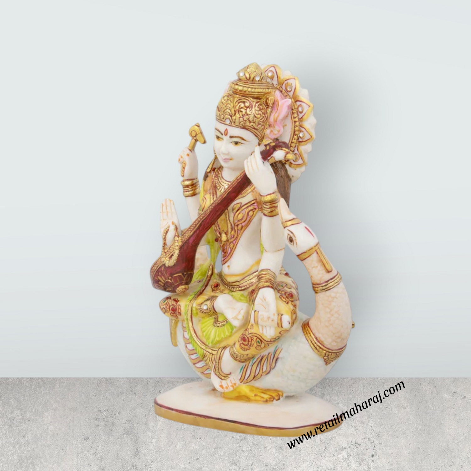 Saraswati Murti - 8 x 7.5 Inches | Saraswati Idol Sitting On Swan/ Resin Statue for Pooja - Retail Maharaj