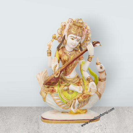 Saraswati Murti - 8 x 7.5 Inches | Saraswati Idol Sitting On Swan/ Resin Statue for Pooja - Retail Maharaj