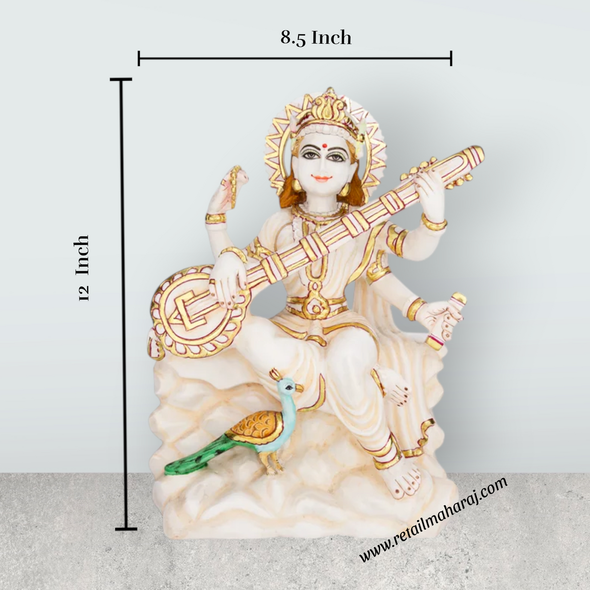 Saraswati sitting on Base Murti - 12 x 8.5 inches | Painting Marble Idol / Vagdevi Statue for pooja - Retail Maharaj