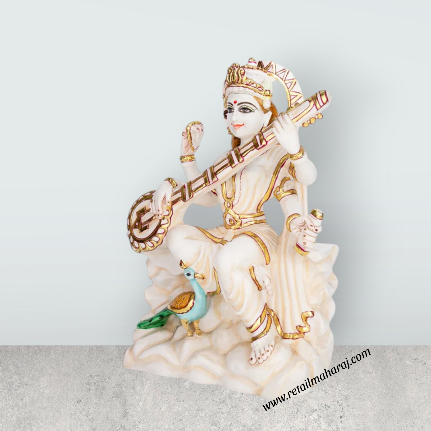 Saraswati sitting on Base Murti - 12 x 8.5 inches | Painting Marble Idol / Vagdevi Statue for pooja - Retail Maharaj