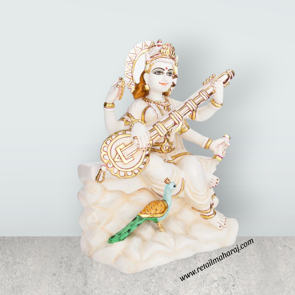Saraswati sitting on Base Murti - 12 x 8.5 inches | Painting Marble Idol / Vagdevi Statue for pooja - Retail Maharaj