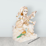 Saraswati sitting on Base Murti - 12 x 8.5 inches | Painting Marble Idol / Vagdevi Statue for pooja - Retail Maharaj