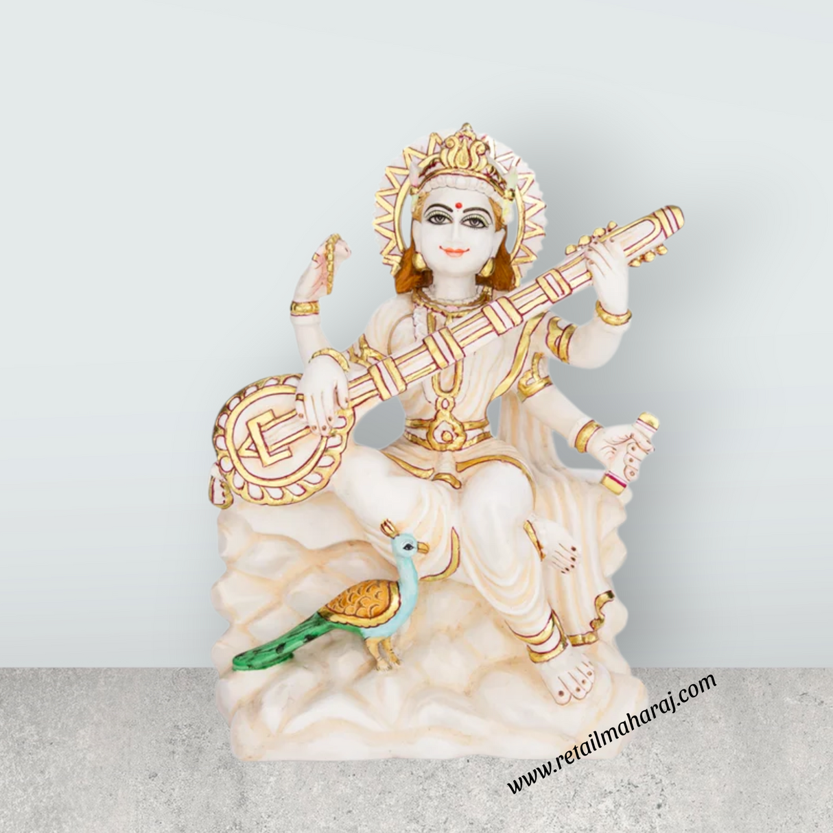 Saraswati sitting on Base Murti - 12 x 8.5 inches | Painting Marble Idol / Vagdevi Statue for pooja - Retail Maharaj