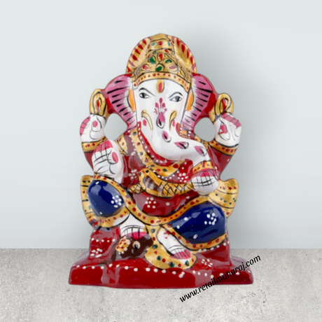 Ganesh Murti – Aluminium Vinayagar Statue Sitting On Chowki / Painted Ganpati Murti for Pooja (4 x 2.75 Inches) - Retail Maharaj