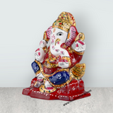 Ganesh Murti – Aluminium Vinayagar Statue Sitting On Chowki / Painted Ganpati Murti for Pooja (4 x 2.75 Inches) - Retail Maharaj