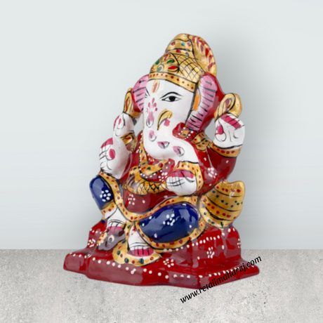 Ganesh Murti – Aluminium Vinayagar Statue Sitting On Chowki / Painted Ganpati Murti for Pooja (4 x 2.75 Inches) - Retail Maharaj