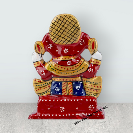 Ganesh Murti – Aluminium Vinayagar Statue Sitting On Chowki / Painted Ganpati Murti for Pooja (4 x 2.75 Inches) - Retail Maharaj