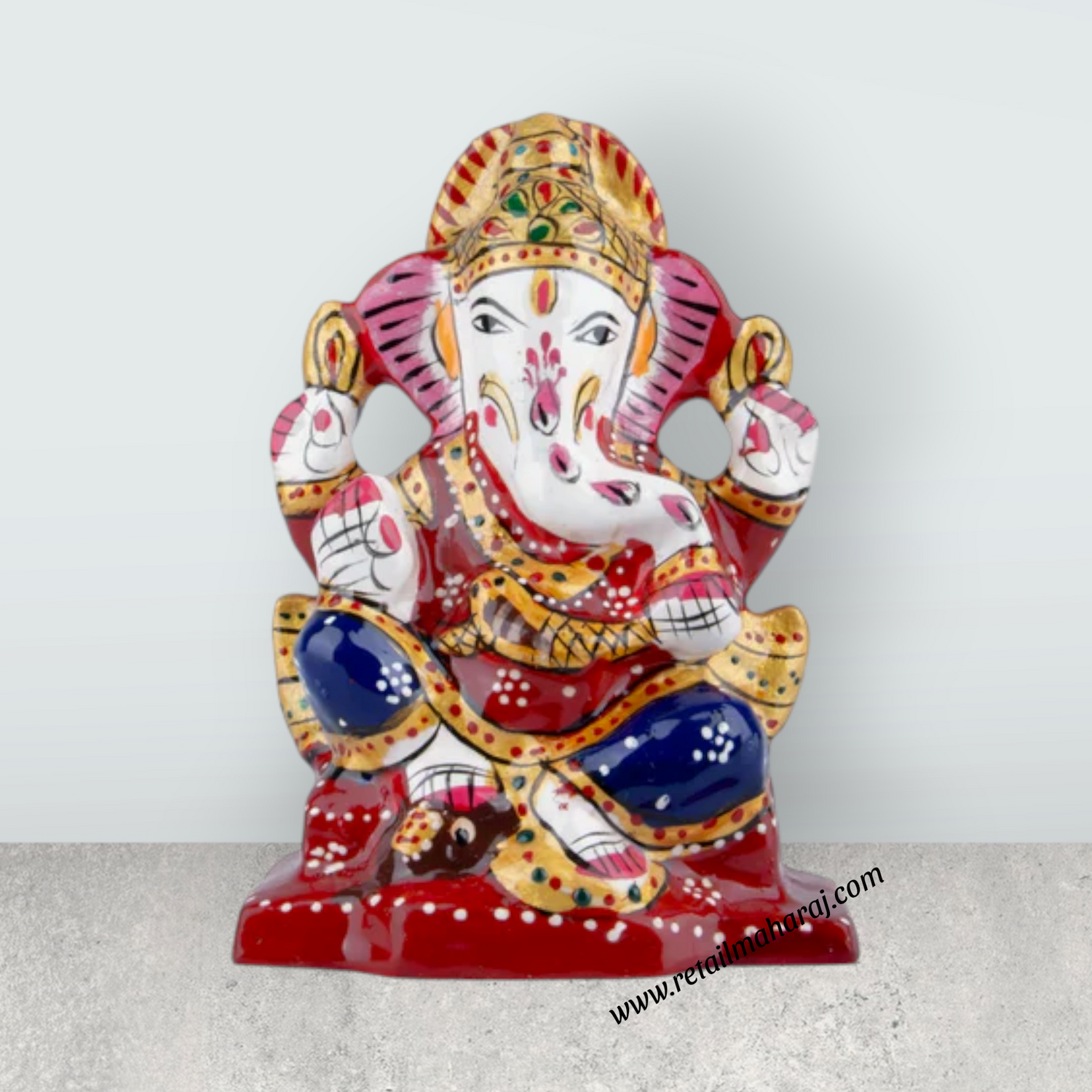 Ganesh Murti – Aluminium Vinayagar Statue Sitting On Chowki / Painted Ganpati Murti for Pooja (4 x 2.75 Inches) - Retail Maharaj