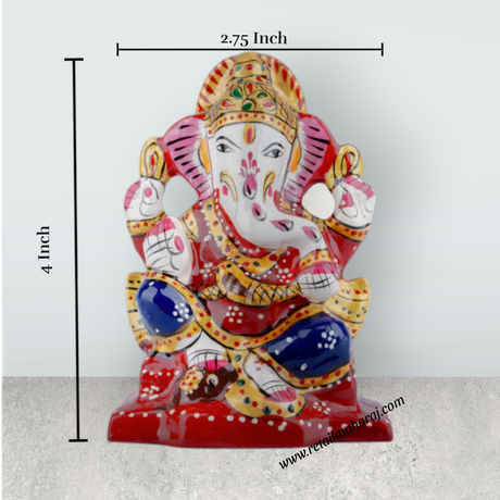 Ganesh Murti – Aluminium Vinayagar Statue Sitting On Chowki / Painted Ganpati Murti for Pooja (4 x 2.75 Inches) - Retail Maharaj