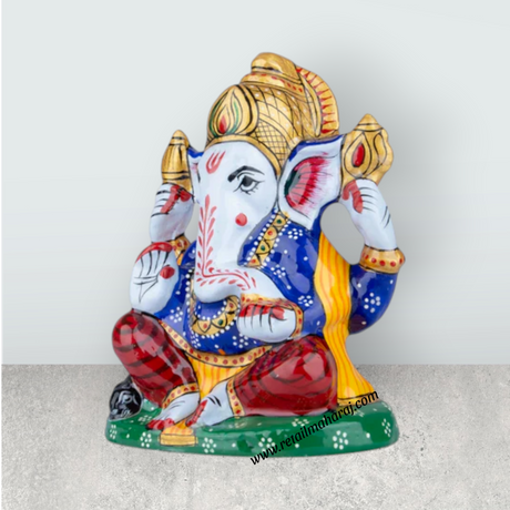 Ganesh Murti – Aluminium Vinayagar Statue / Sitting Ganesha Idol / Painted Ganpati Murti for Pooja (4 x 3.25 Inches) - Retail Maharaj