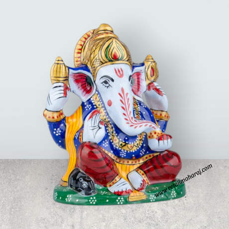 Ganesh Murti – Aluminium Vinayagar Statue / Sitting Ganesha Idol / Painted Ganpati Murti for Pooja (4 x 3.25 Inches) - Retail Maharaj