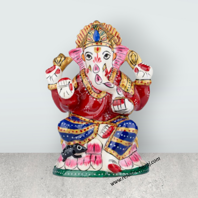 Ganesh Murti – Aluminium Vinayagar Statue / Sitting Ganesha Idol / Painted Ganpati Murti for Pooja (4 x 3 Inches) - Retail Maharaj