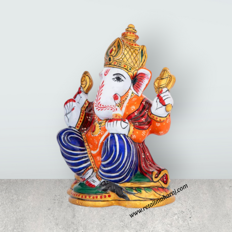 Ganesh Murti – Aluminium Vinayagar Statue / Sitting Ganesha Idol / Painted Ganpati Murti for Pooja (6 x 5 Inches) - Retail Maharaj