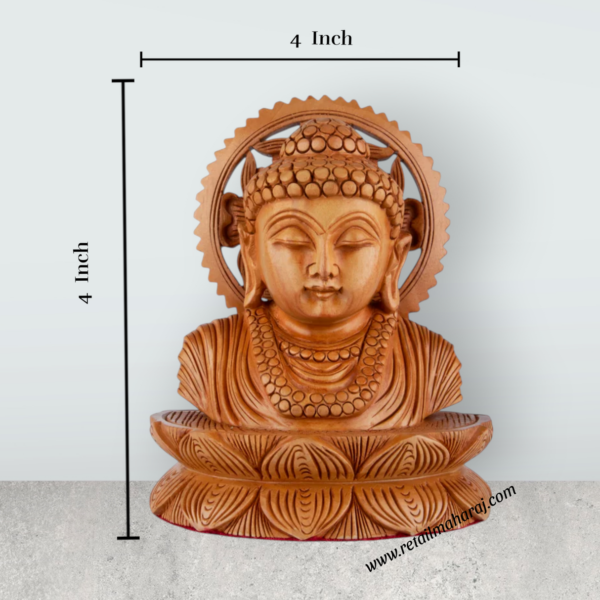 Buddha Bust Statue With Base - 4 x 4 Inches | Wooden Statue/ Buddha Idol/ Buddha Murti for Pooja - Retail Maharaj