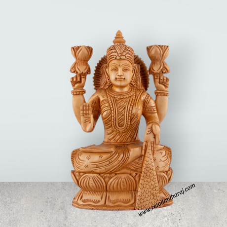 Lakshmi Idol - 8.5 x 5.5 Inches | Wooden Statue/ Sitting Lakshmi Murti for Pooja - Retail Maharaj