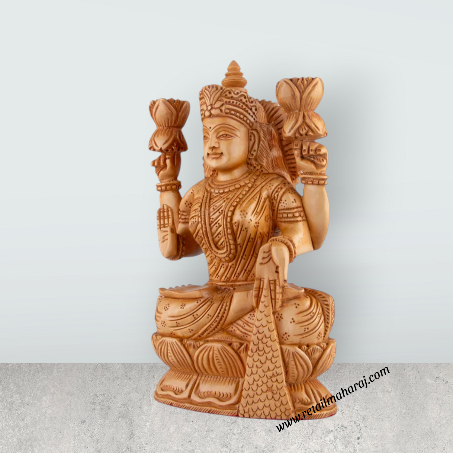 Lakshmi Idol - 8.5 x 5.5 Inches | Wooden Statue/ Sitting Lakshmi Murti for Pooja - Retail Maharaj