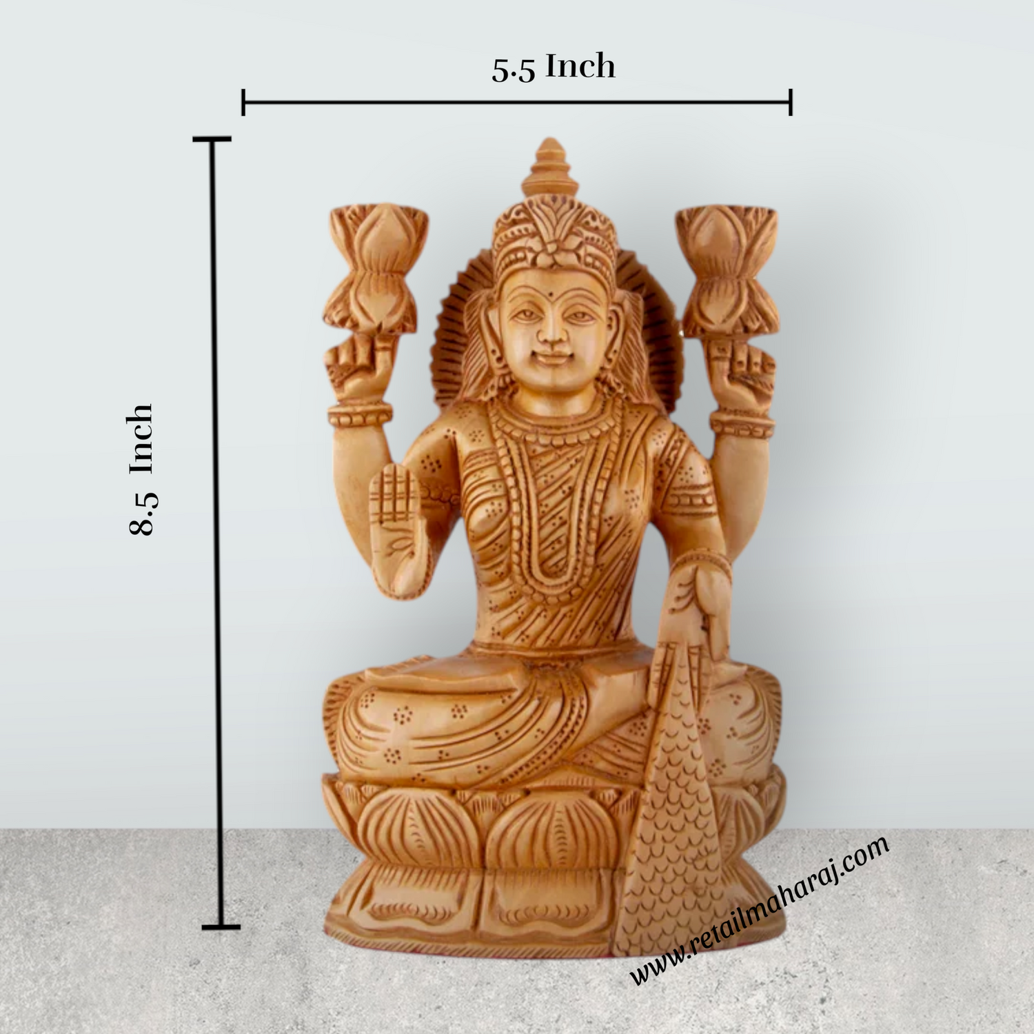 Lakshmi Idol - 8.5 x 5.5 Inches | Wooden Statue/ Sitting Lakshmi Murti for Pooja - Retail Maharaj