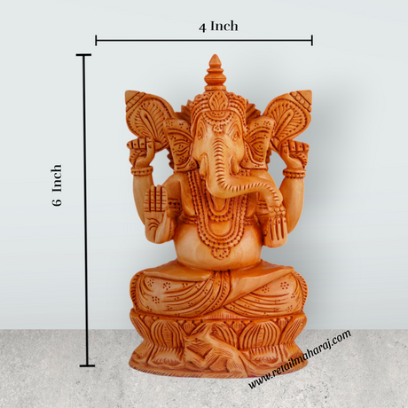 Ganesh Murti - 6 x 4 Inches | Wooden Statue/ Sitting Vinayaka Statue/ Ganpati Murti for Pooja - Retail Maharaj
