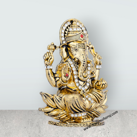Ganesh Murti - 2.75 x 2 Inches | Stone Vinayaka Idol/ Gold Polish Ganpati Murti for Pooja - Retail Maharaj