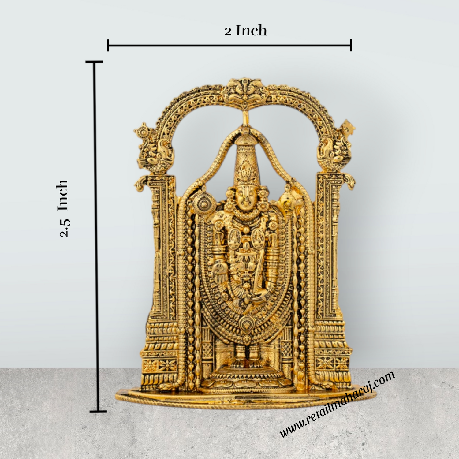 Balaji Murti With Arch - 2.5 x 2 Inches | Metal & Gold Polish Venkateswara Idol for Table Top & Car Decor - Retail Maharaj