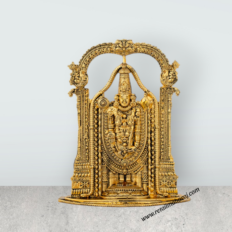 Balaji Murti With Arch - 2.5 x 2 Inches | Metal & Gold Polish Venkateswara Idol for Table Top & Car Decor - Retail Maharaj