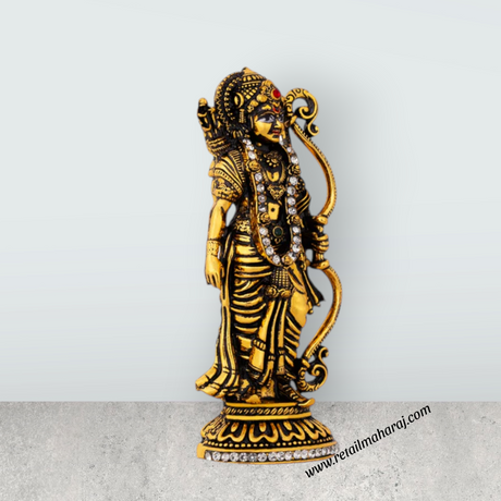 Rama Idol Standing On Base - 3.75 x 1.5 Inches | Metal & Antique Gold Polish Ramar Statue for Home & Table Top - Retail Maharaj