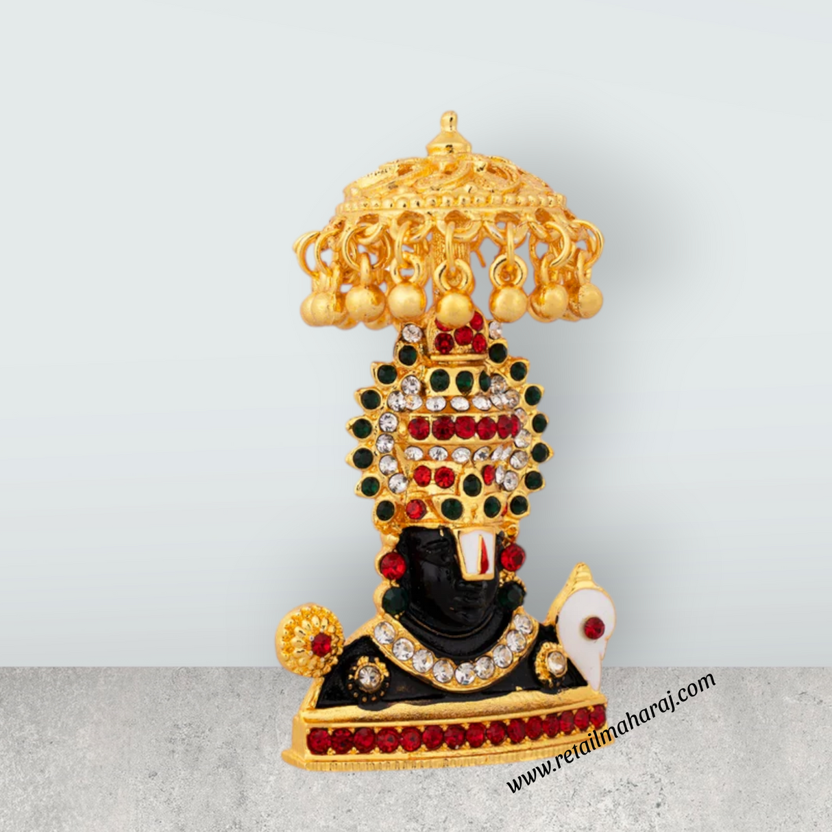 Balaji Murti With Umbrella - 2.75 x 1.5 Inches | Metal Balaji Idol/ Stone & Gold Polish Perumal Idol for Home - Retail Maharaj