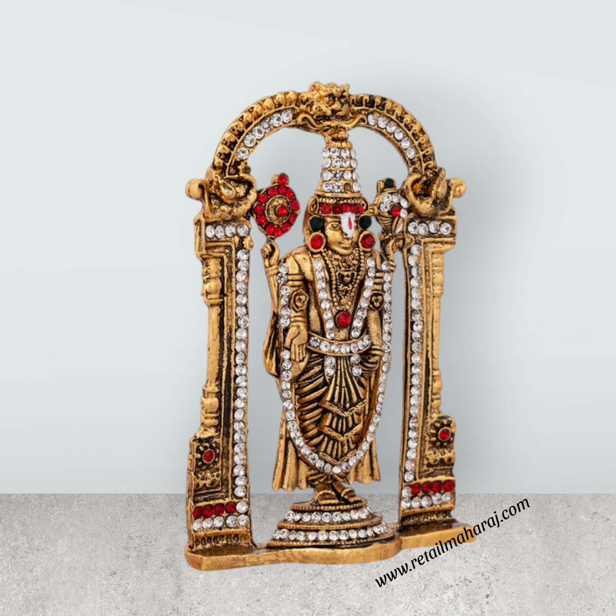 Balaji Murti With Arch - 3.5 x 2.5 Inches | Stone & Antique Gold Polish Perumal Statue for Car Decor - Retail Maharaj