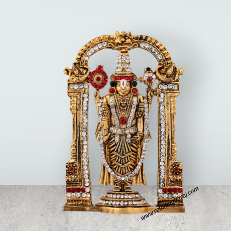 Balaji Murti With Arch - 3.5 x 2.5 Inches | Stone & Antique Gold Polish Perumal Statue for Car Decor - Retail Maharaj