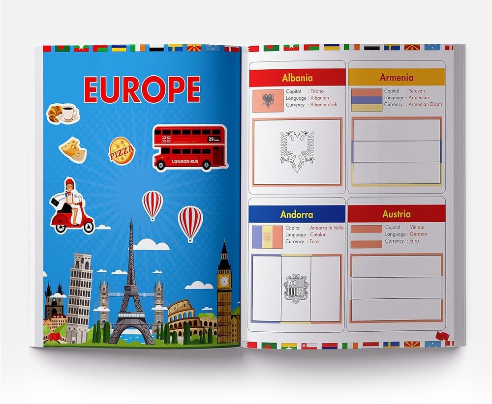 Flags of the World - Sticker Coloring Activity Book For Children : Continent, Country, Capital, Language and Currency - Retail Maharaj