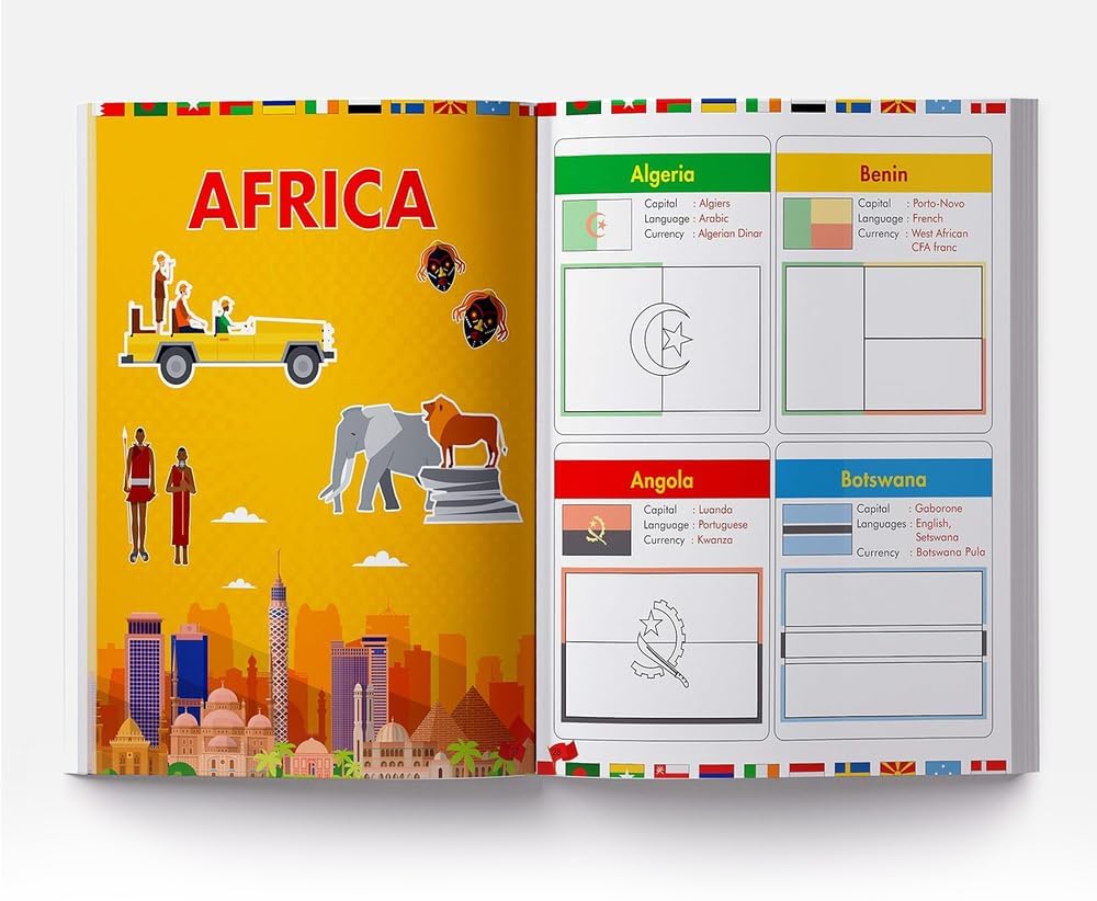 Flags of the World - Sticker Coloring Activity Book For Children : Continent, Country, Capital, Language and Currency - Retail Maharaj