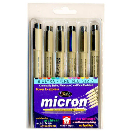 Sakura Pigma Micron Pen Set of 6, Black - Fine Tip Precision - Retail Maharaj