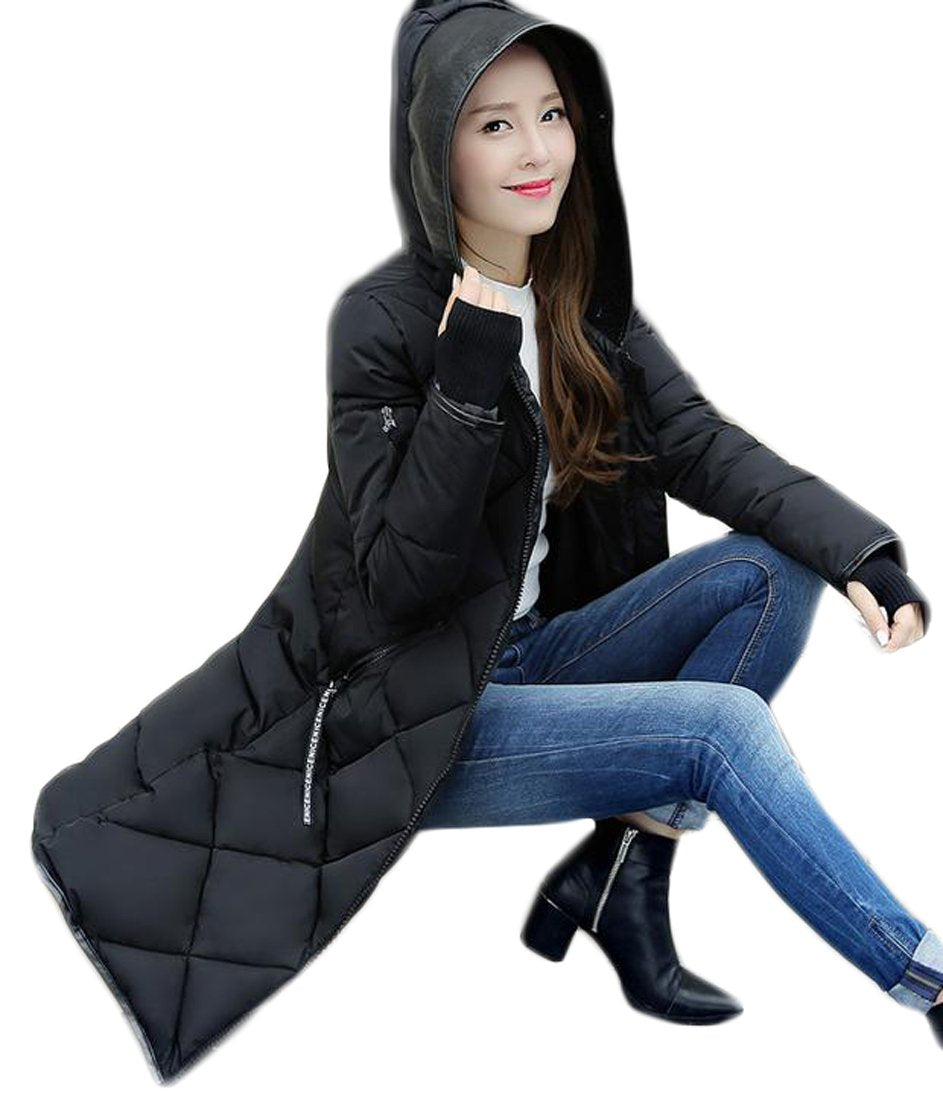 Big Tang Womens Winter Thumb Hole Overcoat Quilted Hood Long Parka Coat Black M [Apparel] - Retail Maharaj