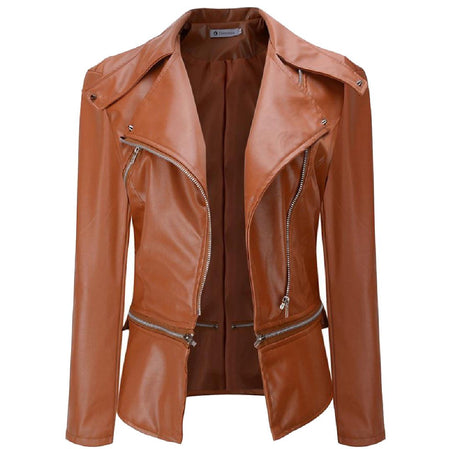 Comfy Women Zip Lapel Solid Stitching Pu Leather Outwear Jacket Overcoat Pattern1 2XL, Pattern1, US 2XLarge - Retail Maharaj