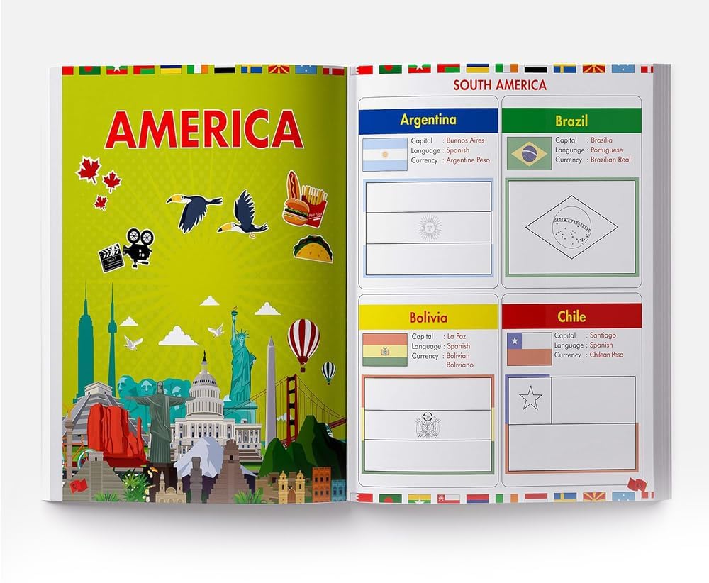Flags of the World - Sticker Coloring Activity Book For Children : Continent, Country, Capital, Language and Currency - Retail Maharaj