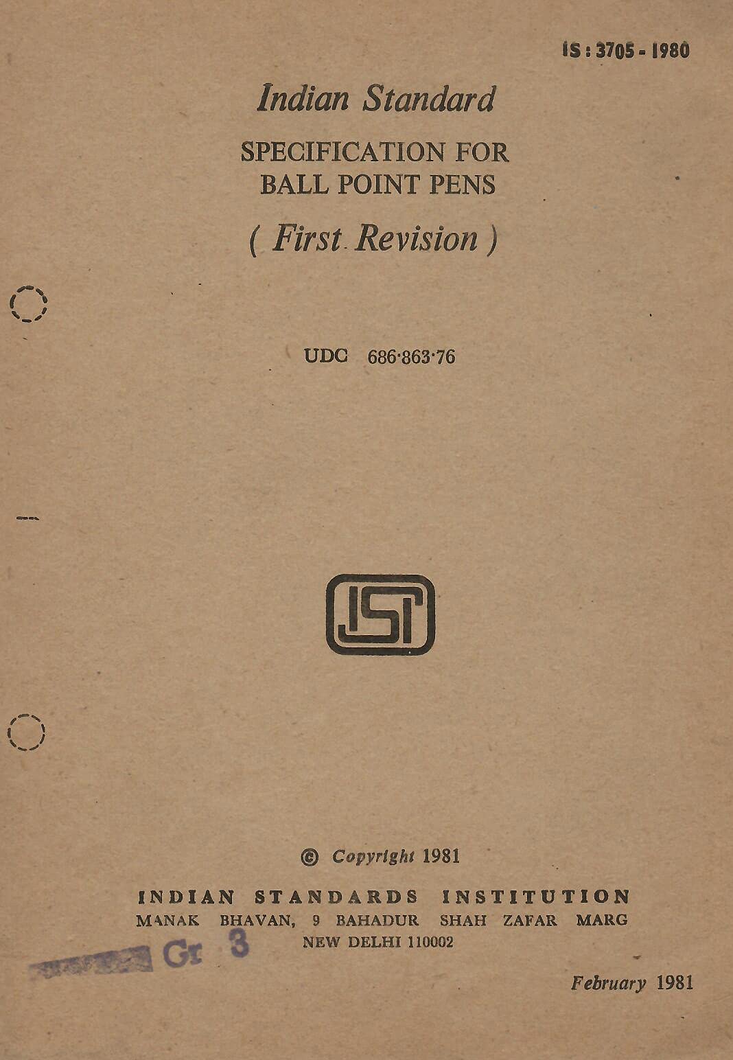 IS : 3705-1980 - Specification for Ball Point Pens (First Revision) [Paperback] Indian Standards Institution