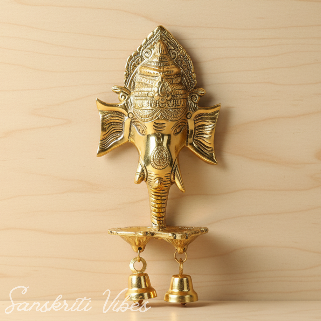 Metal Ganesha Wall Hanging with Diya & Three Bells – Gold Plated Aluminium Ganesh Diya for Home Decor, Temple & Auspicious Lighting (Glossy Finish, Made in India) - Retail Maharaj