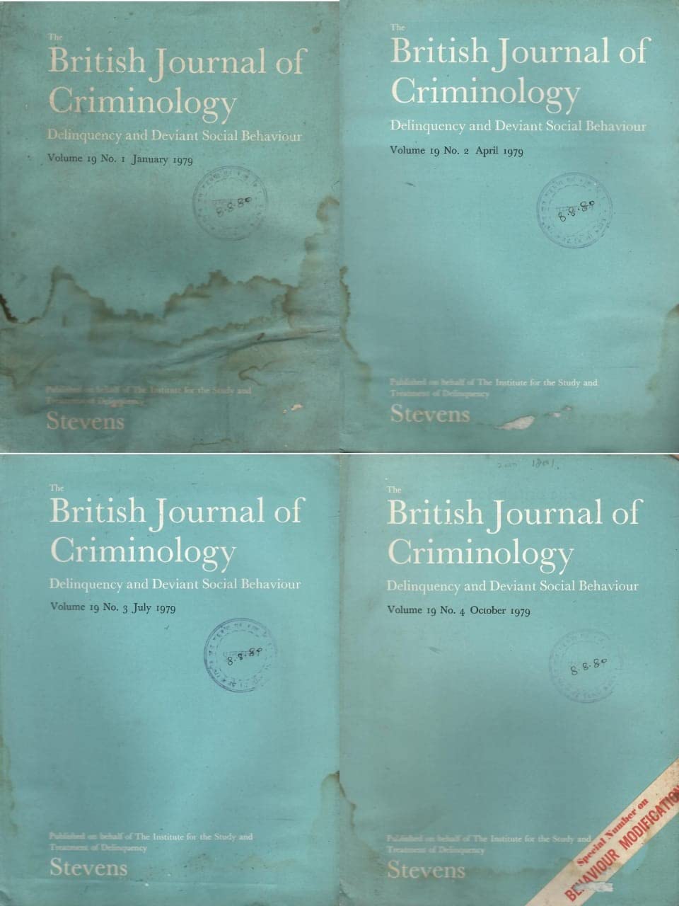 The British Journal Of Criminology - Delinquency and Deviant Social Behaviour - Vol 19 No 1 To 4 { 1979- Jan, Apr, Jul, Oct } Set of 4 Books