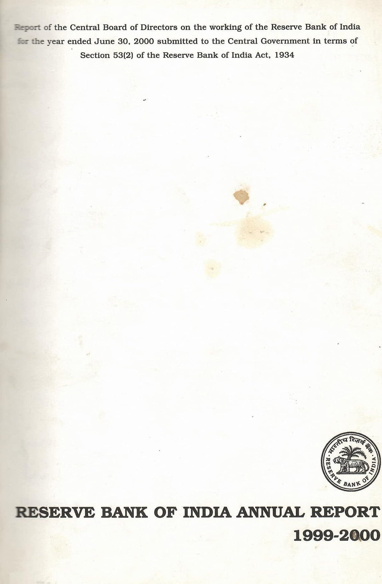 Reserve Bank of India Annual Report 1999-2000 [Paperback] RBI