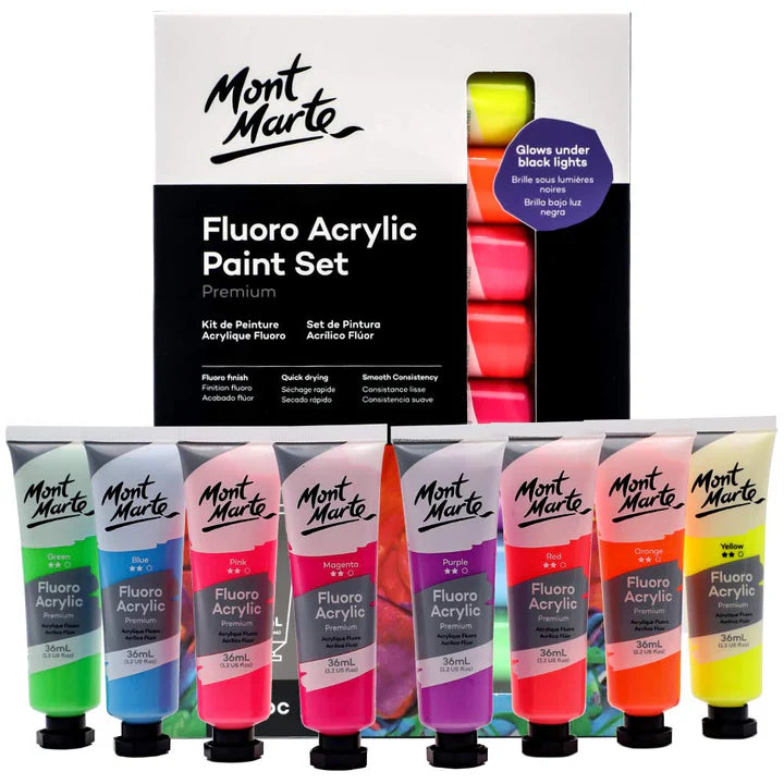 Mont Marte Fluoro Acrylic Paint Set Premium 8 Tubes 36ml Each - Retail Maharaj