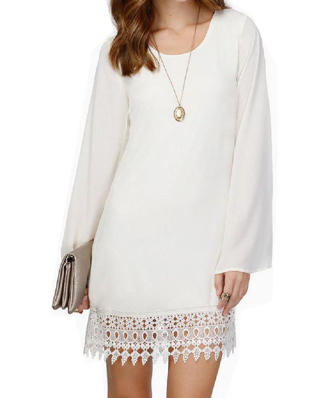 Sheng Xi Women Chiffon Lace Trim Solid Stitching Plus Size Mid Length Dress - White - - Retail Maharaj