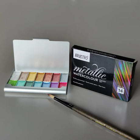 Brustro Artist Metallic Watercolour Half Pans Set of 14 - Retail Maharaj