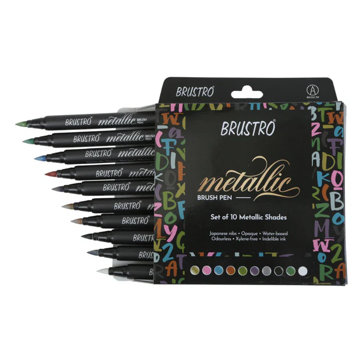 Brustro Metallic Brush Pens Set of 10, Vibrant Colors for Art and Crafts - Retail Maharaj