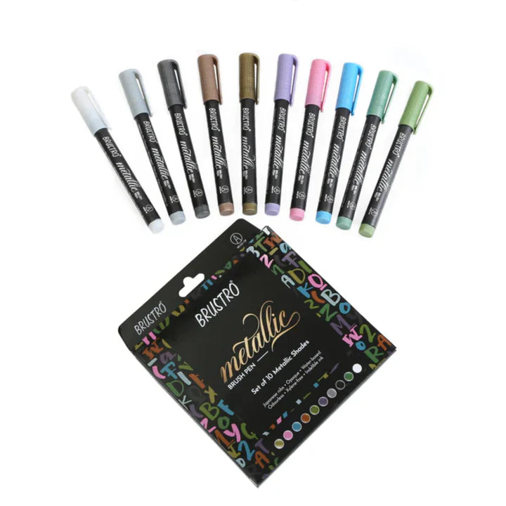 Brustro Metallic Brush Pens Set of 10, Vibrant Colors for Art and Crafts - Retail Maharaj
