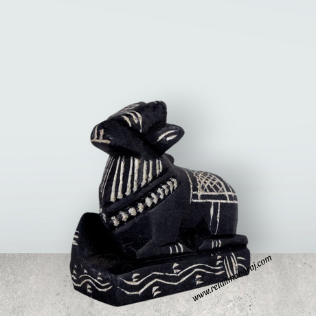 Nandi Murti - 3.25 x 3 Inches | Black Stone Idol / Nandi Statue / Nandi Bhagavan / NandiDeva / Decor For Pooja - Retail Maharaj